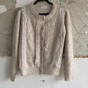 Lace Trim Cardigan Sweater Molly Braken Knit Button Front Oatmeal Cottagecore M